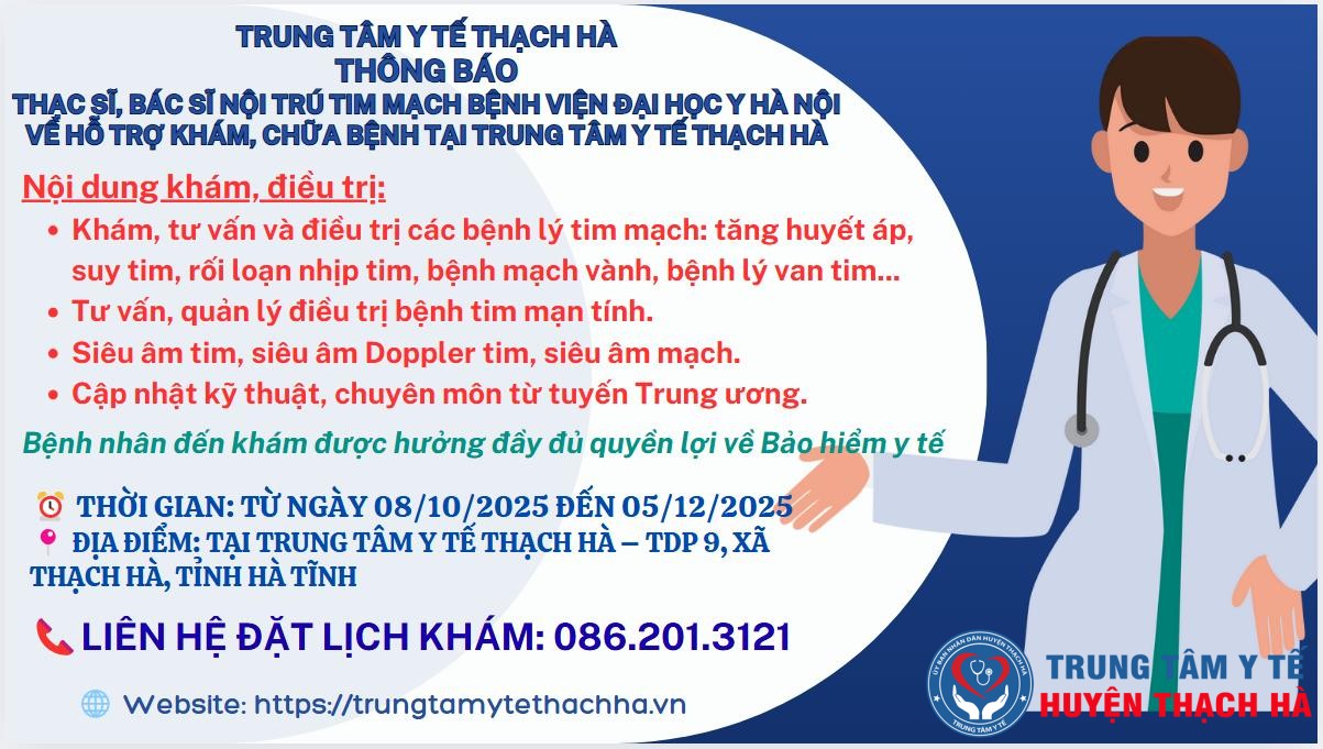 Thông báo bác sĩ Bệnh viện Đại học Y Hà Nội khám tim mạch tại Trung tâm Y tế Thạch Hà